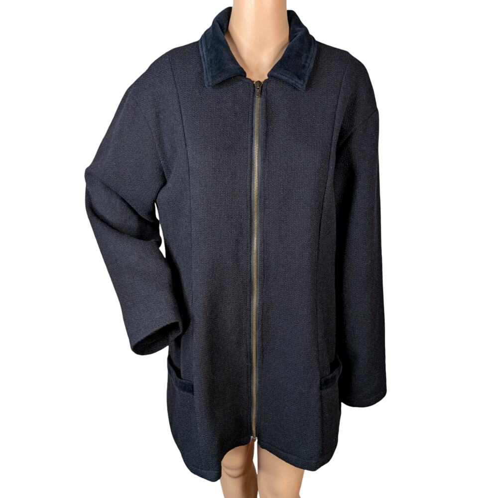FLAX by Jeanne Engelhart Black Wool Tweed Velvet Collar Car Overcoat M